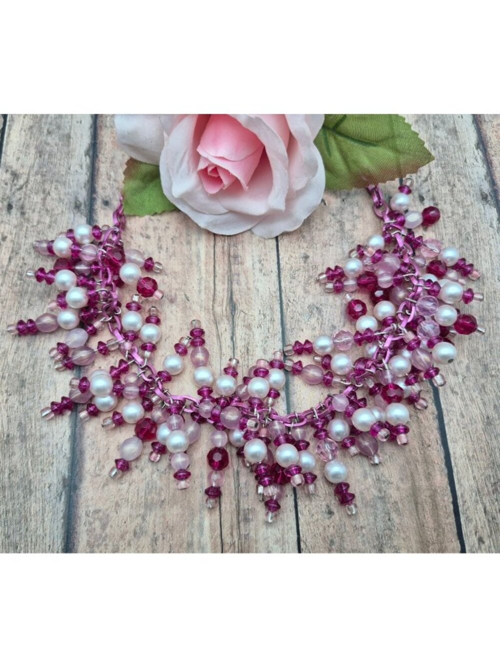 Whimsical ARTISAN Pink Statement Bib Collar Faux Pearl Chain Necklace 28" Fairy